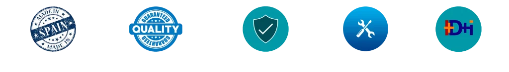 Iconos de calidad y confianza: fabricado en España, garantía de calidad, fiabilidad y confianza, soporte técnico y departamento de I+D para dispositivos de recuperación muscular.