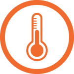 Icono de un termómetro color naranja que enlaza a la sección 'Nuestras Aplicaciones' sobre tratamiento de calor para recuperación muscular.