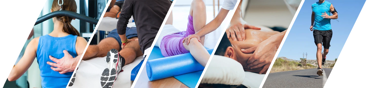 Collage de actividades deportivas y de recuperación: entrenamiento, estiramientos, fisioterapia, masajes y running, representando el uso integral de equipos especializados en mantenimiento y recuperación muscular.