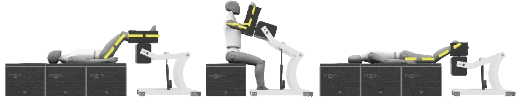 Ilustración de un maniquí mostrando las diferentes posiciones de trabajo que permite el equipo MRM, adaptándose a distintas necesidades de preparación y recuperación muscular.