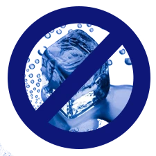 Símbolo de prohibición sobre un cubo de hielo, representando la tecnología de enfriamiento activo sin necesidad de hielo ni agua.