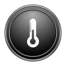 Ícono circular en negro con un termómetro en el centro, simbolizando la regulación automática y estable de la temperatura en frío y calor.
