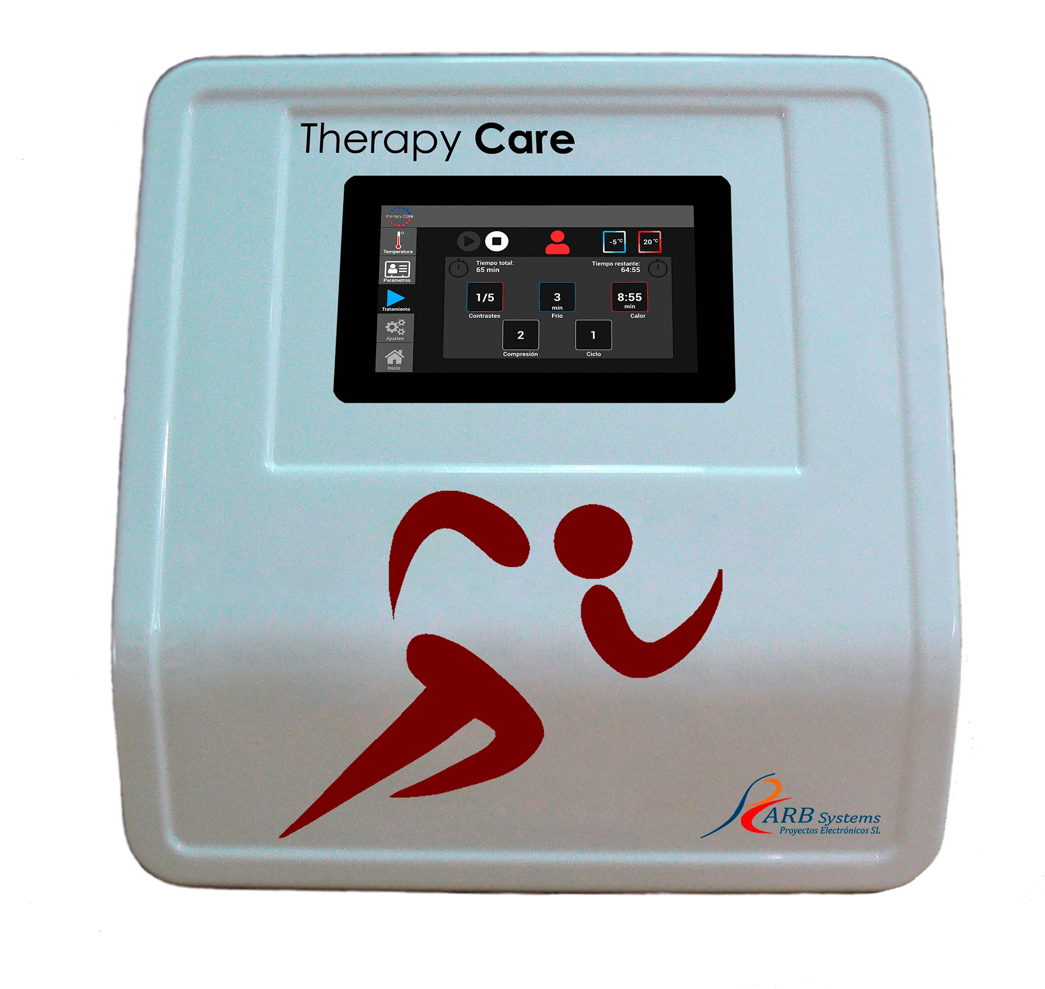 Dispositivo de recuperación muscular con pantalla display táctil, que permite controlar programas de frío, calor, contrastes térmicos y compresión hidráulica para optimizar la rehabilitación y acelerar los procesos de recuperación.