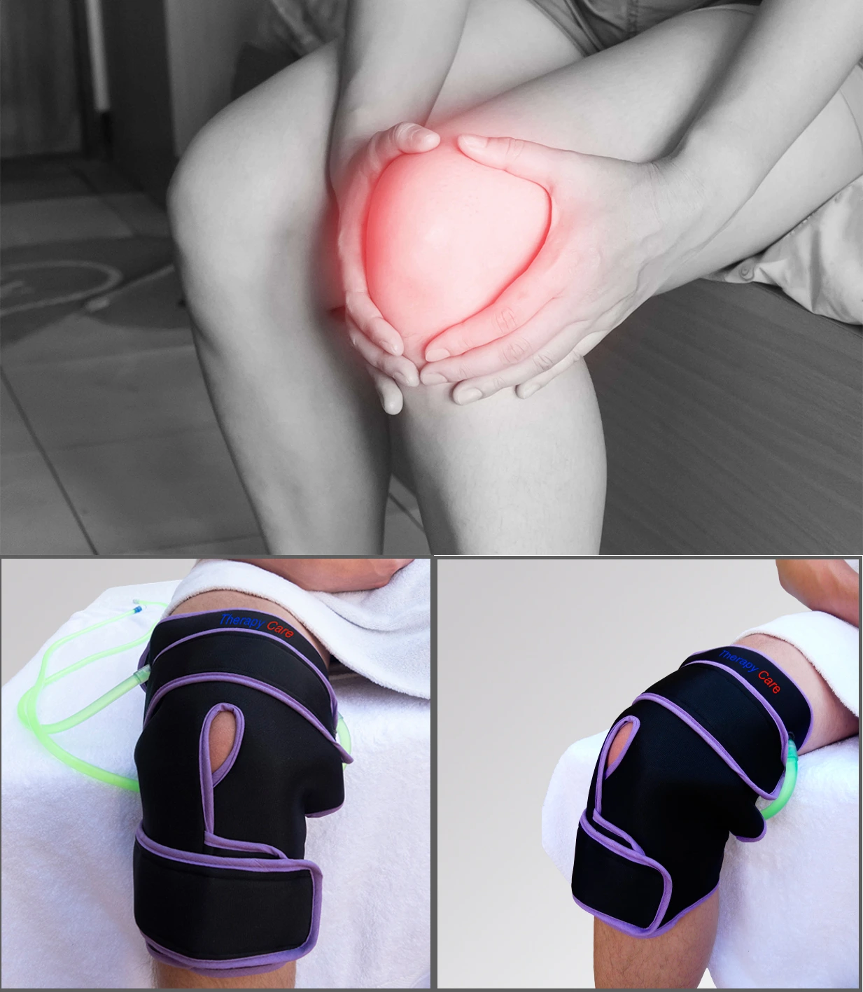 Imagen de una persona con dolor en la rodilla y la aplicación de una rodillera conectada a un sistema de frío sin hielo. Este proceso ayuda a prevenir lesiones favoreciendo la recuperación muscular y articular de forma segura y eficaz.