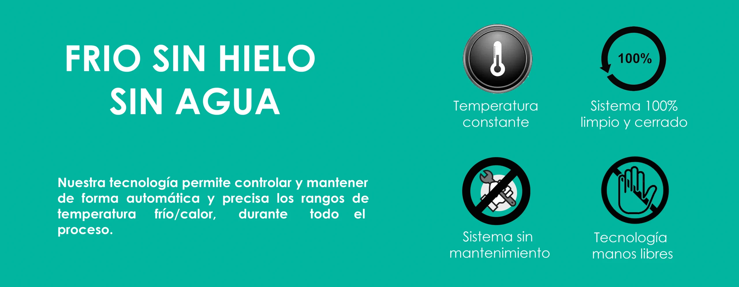 Imagen con el texto 'Frío sin hielo, sin agua' y características de la tecnología: temperatura constante, sistema 100% limpio y cerrado, sin mantenimiento y manos libres. Enlace a la sección 'Tecnología' de recuperación muscular.