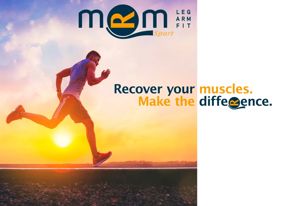 Athlete running at dawn next to the MRM Sport logo, representing optimized muscle recovery through adjustable wave motion.