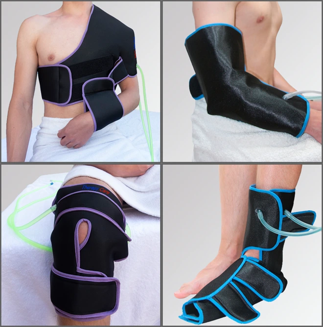 Image de différents dispositifs de soins thérapeutiques appliqués à l'épaule, au coude, au genou et à la cheville, combinant cryothérapie, thermothérapie, contrastes thermiques et compression séquentielle pour une récupération musculaire efficace.