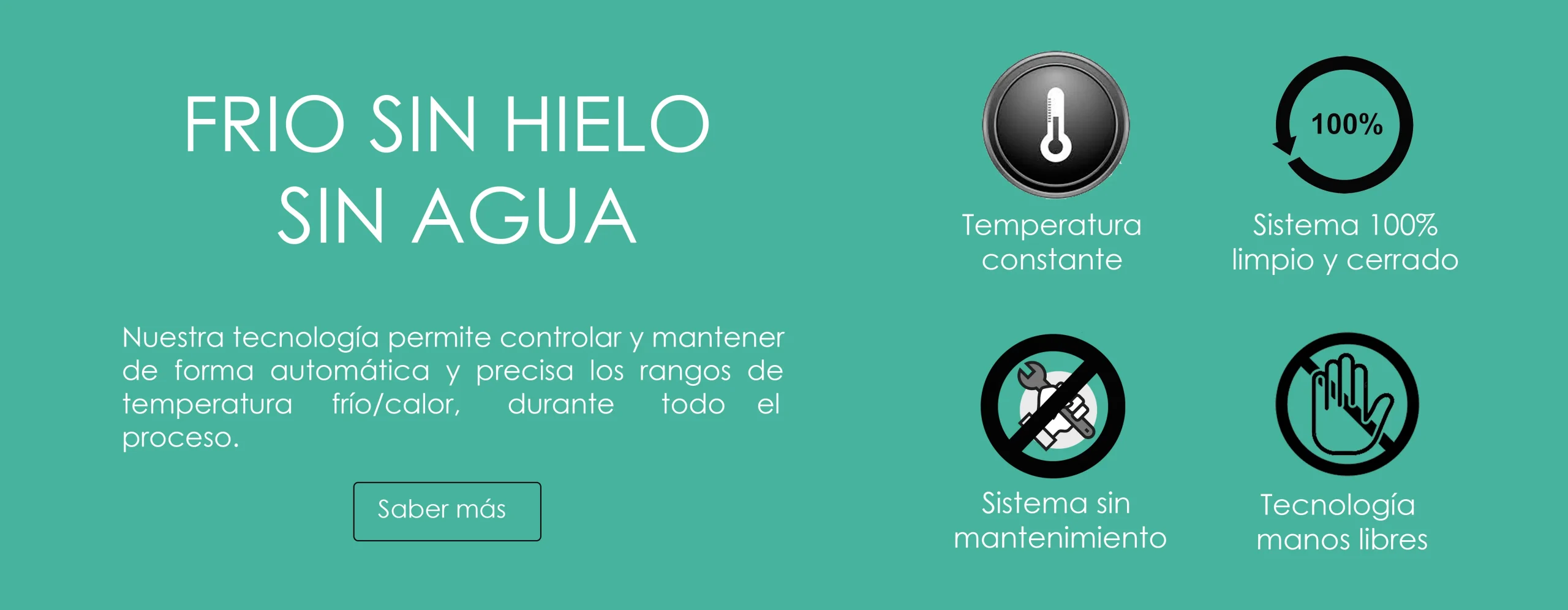 Imagen con el texto 'Frío sin hielo, sin agua' y características de la tecnología: temperatura constante, sistema 100% limpio y cerrado, sin mantenimiento y manos libres. Enlace a la sección 'Tecnología' de recuperación muscular.