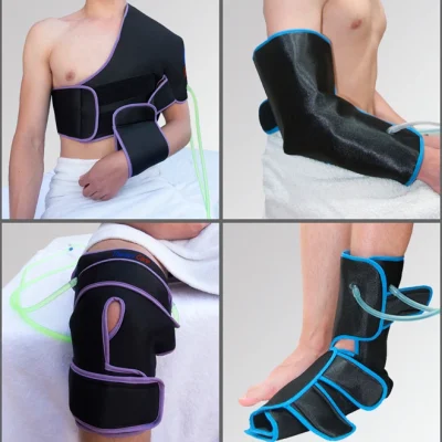 Imagen de diferentes dispositivos de Therapy Care aplicados en hombro, codo, rodilla y tobillo, que combinan crioterapia, termoterapia, contrastes térmicos y compresión secuencial para una recuperación muscular efectiva.